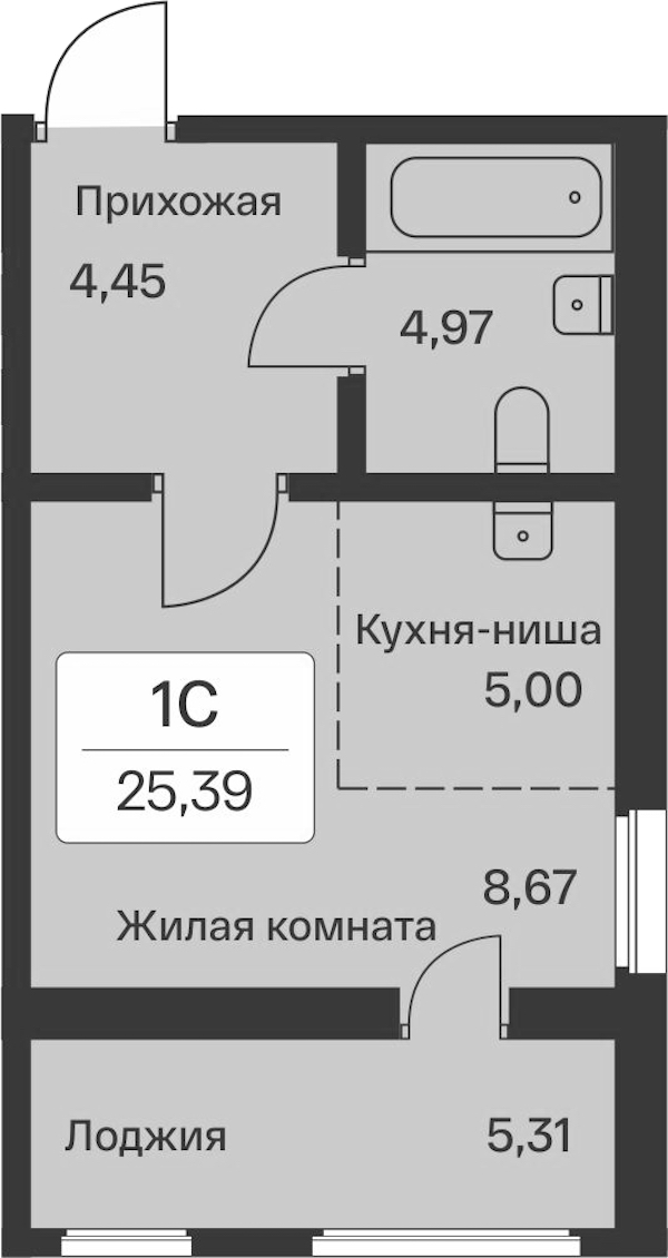 Квартира студия 25.39 м², 1/9 эт., ЖК «Расцветай в Янино»